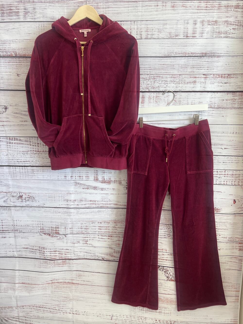 JUICY COUTURE Y2K VELOUR FULL ZIP HOODIE TRACK SUIT RICH BURGUNDY